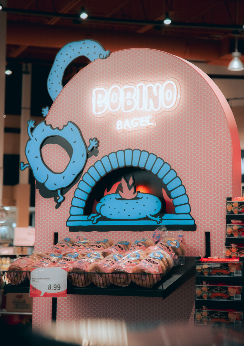 Étalage en épicerie pour la vente de nos bagels (display)