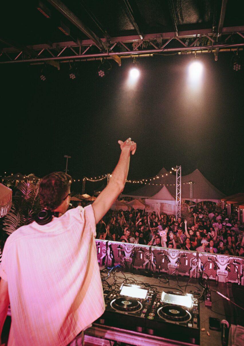 DJ avec main dans les airs et on voit la foule