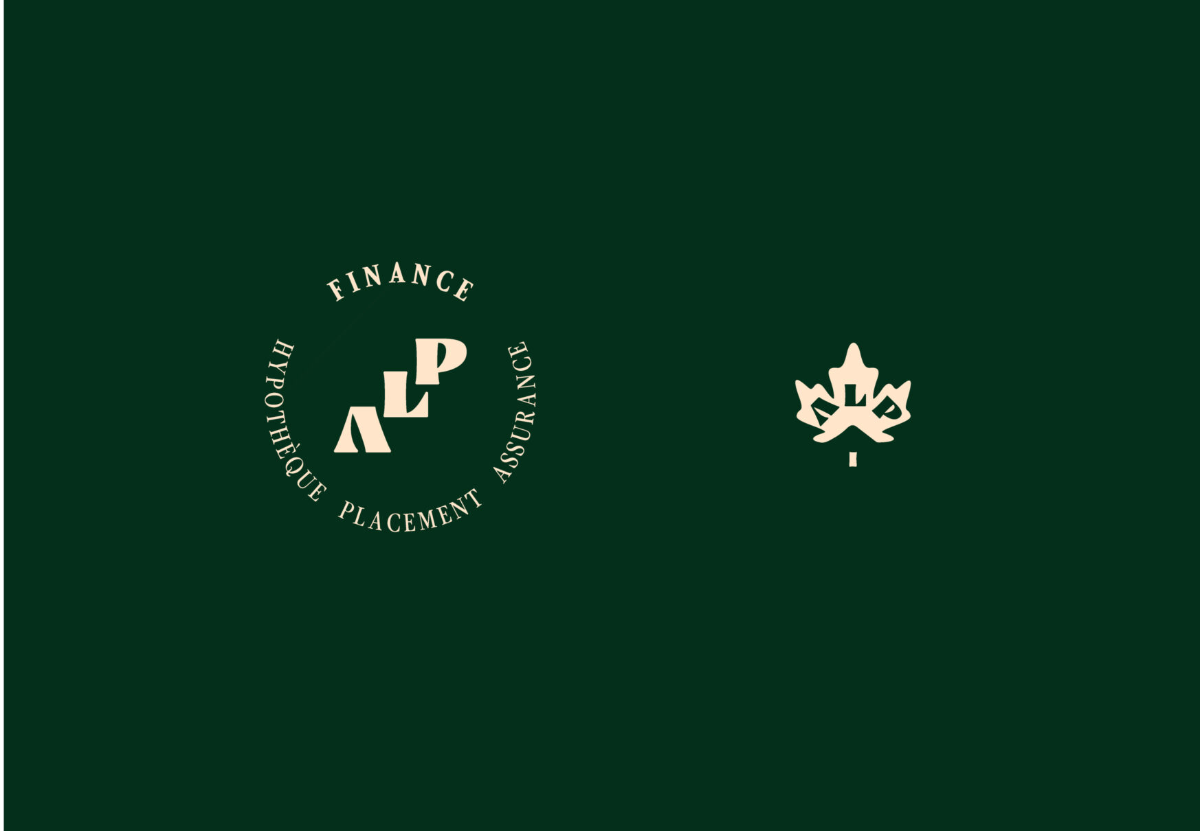 Sceau circulaire ALP Finance Hypothèque Placement Assurance et feuille d’érable stylisée, identité visuelle conçue par Orkestra