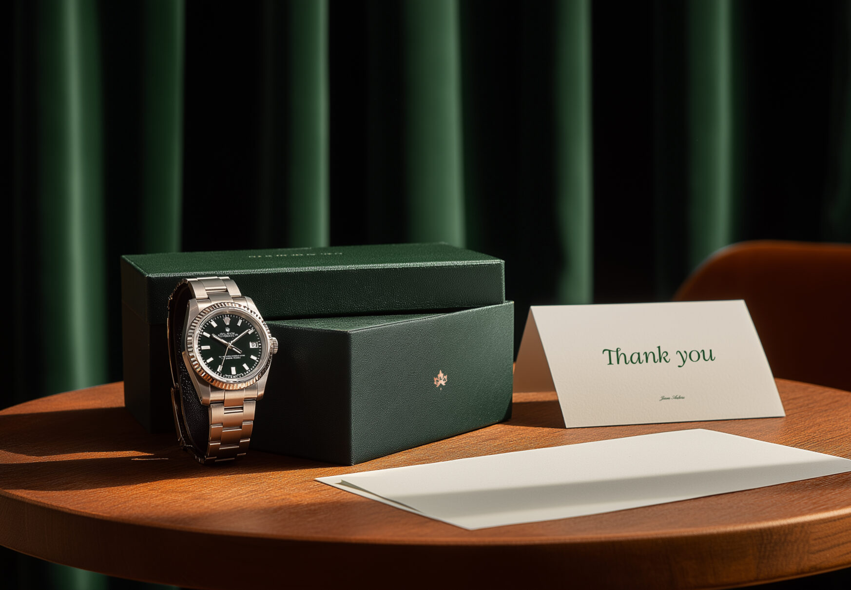 Mise en scène haut de gamme avec une montre de luxe, coffret vert ALP et carte Thank you, design visuel conçu par Orkestra pour ALP MIC