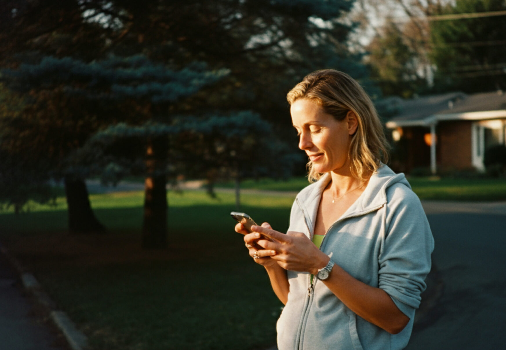 Femme en veste de sport marchant dans un quartier résidentiel et utilisant son téléphone, photo lifestyle pour Orkestra et ALP
