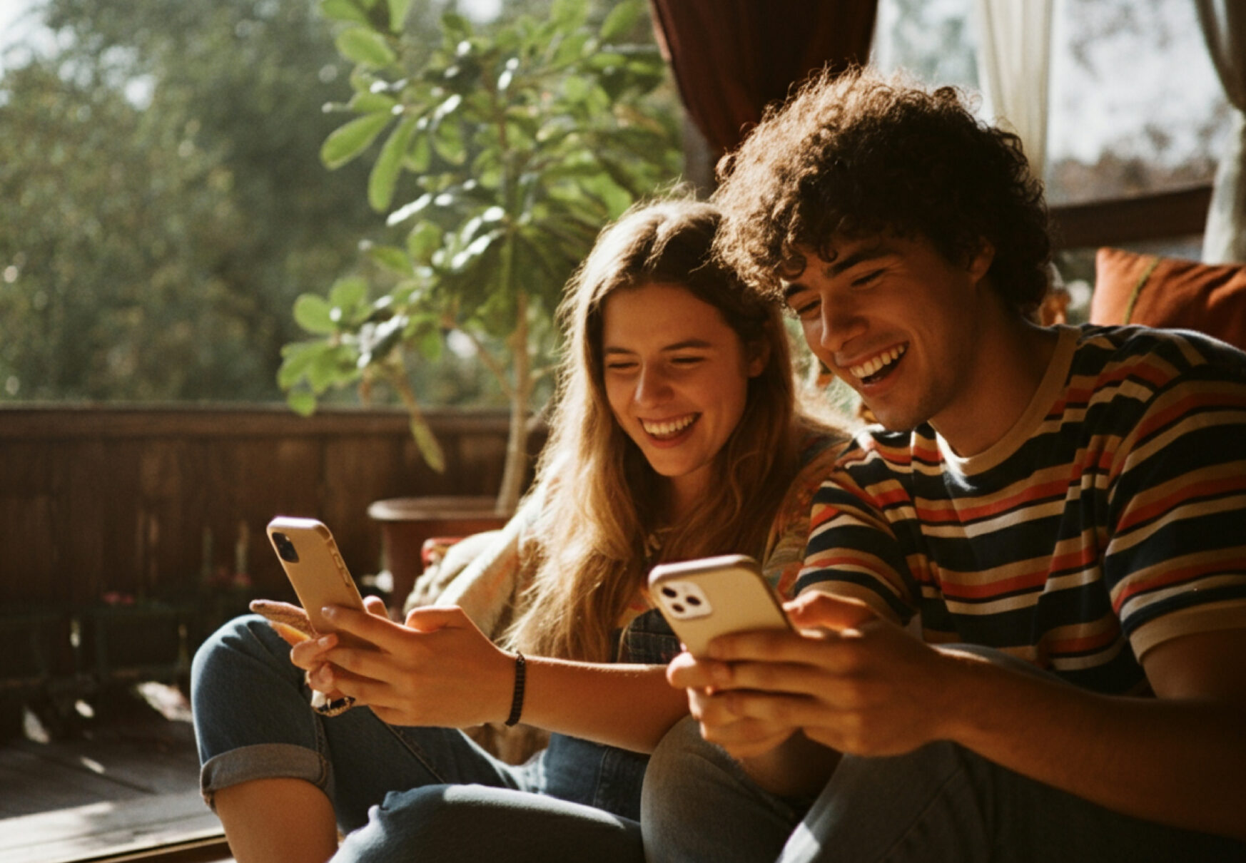 Deux jeunes adultes souriants assis côte à côte, regardant leurs téléphones, photo lifestyle utilisée dans l’identité visuelle ALP par Orkestra