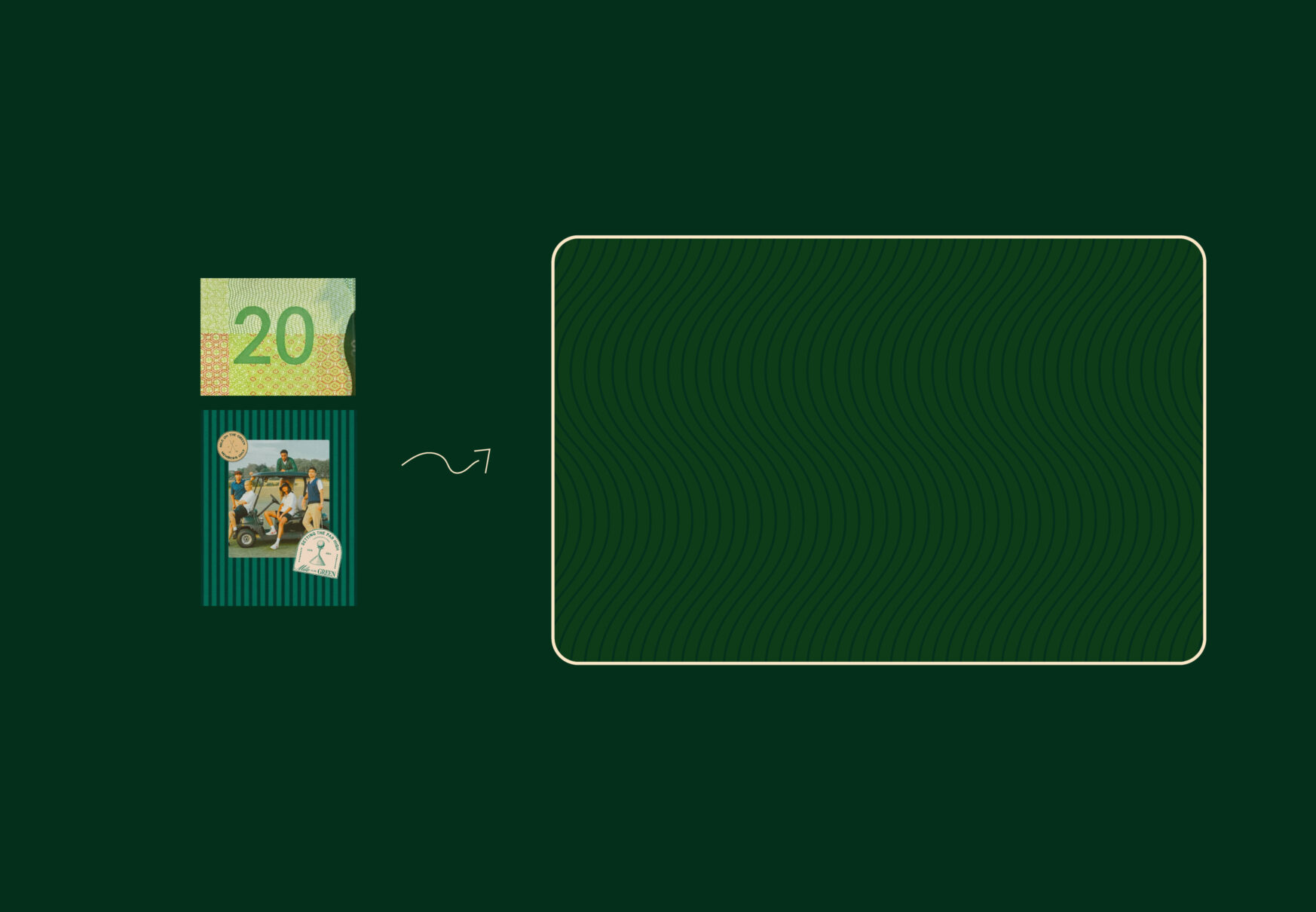 Montage graphique avec un billet de 20$, une photo lifestyle en voiturette de golf et un encadré vert vide, design conçu par Orkestra pour ALP