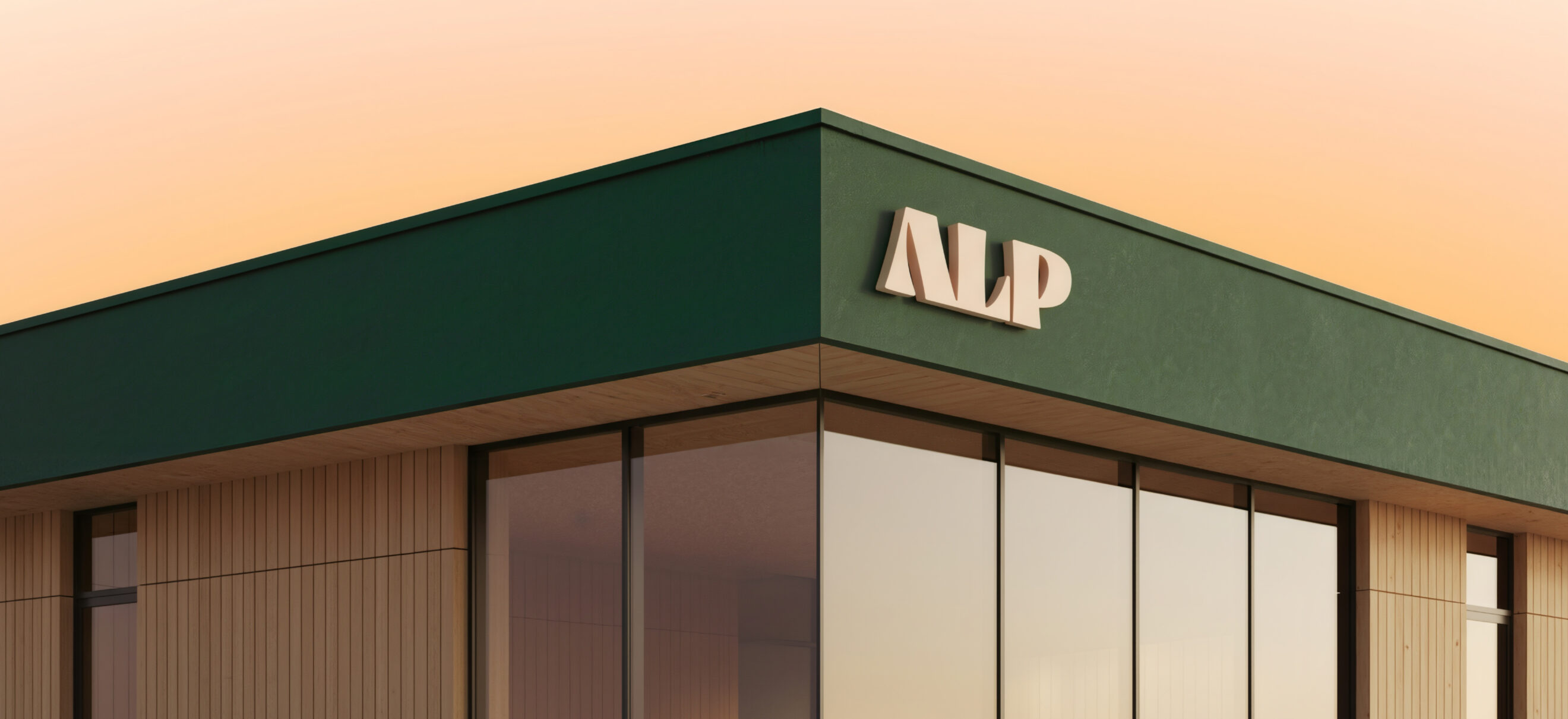 Logo ALP apposé sur la façade d’un bâtiment moderne, identité visuelle conçue par Orkestra pour ALP MIC