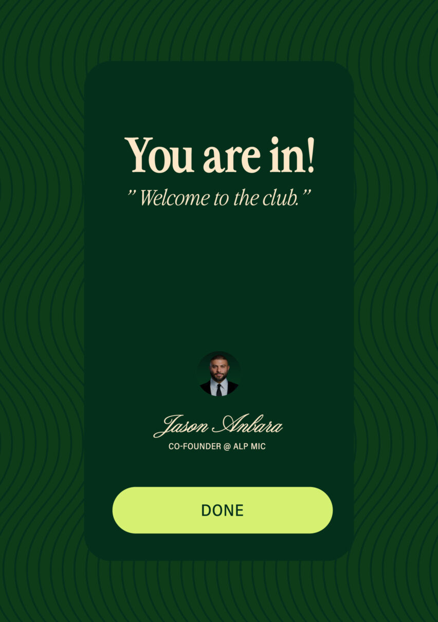 Interface d’identité visuelle conçue par Orkestra pour ALP MIC avec message d’accueil You are in! Welcome to the club