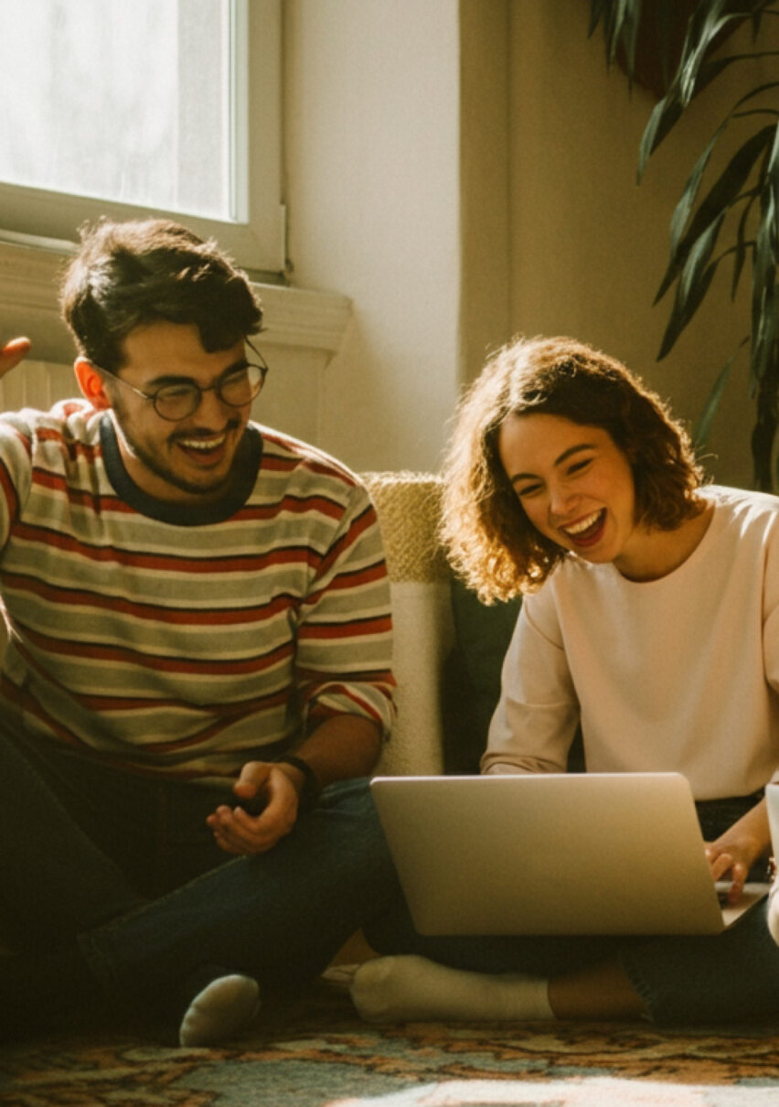 Projet Orkestra pour ALP MIC : photo lifestyle de deux jeunes adultes souriants utilisant un ordinateur portable, symbolisant accessibilité et proximité